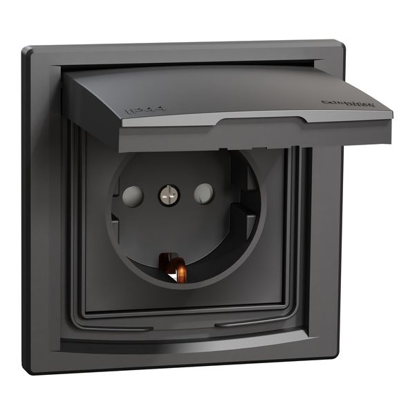 Asfora - single socket outlet with side earth and shutters, IP44, anthracite image 2