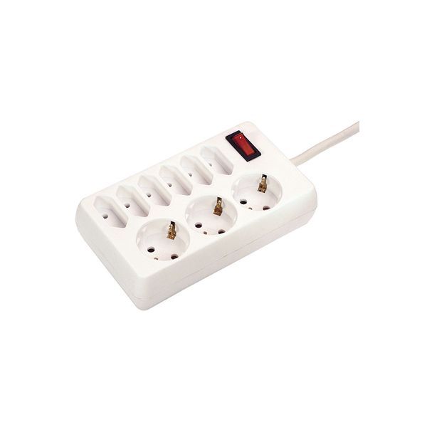 9 way socket outlet 1,4m H05VV- F 3G1,5 cable white 6 euro and 3 DIN 10/16A. reinforced safety thanks children protection, on/off switch with control light 45° orientated socket outlets 250V / 10A / 16A   max. 3500 W in polybag with label image 1