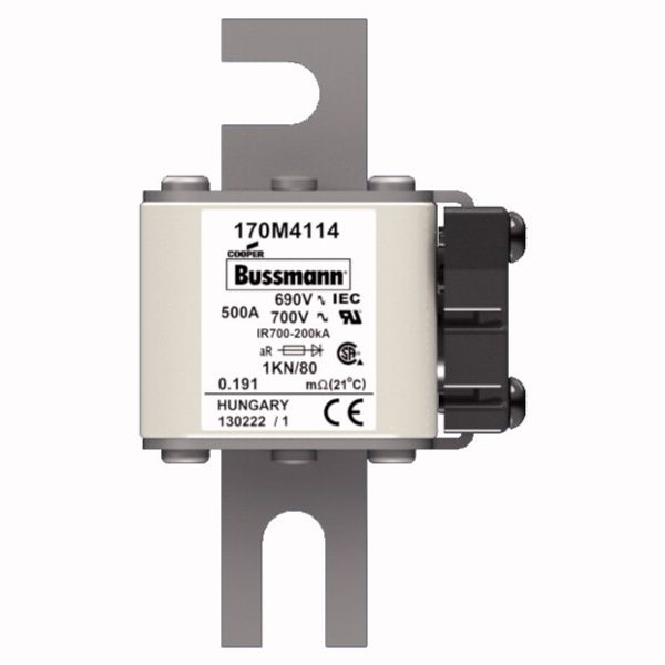 Fuse-link, high speed, 500 A, AC 690 V, DIN 1, 53 x 69 x 108 mm, aR, DIN, IEC, single indicator image 1