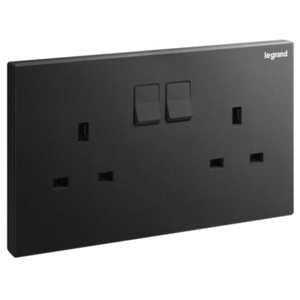 Galion 2 gang BS switched single pole socket outlet - 13A - matt black image 1