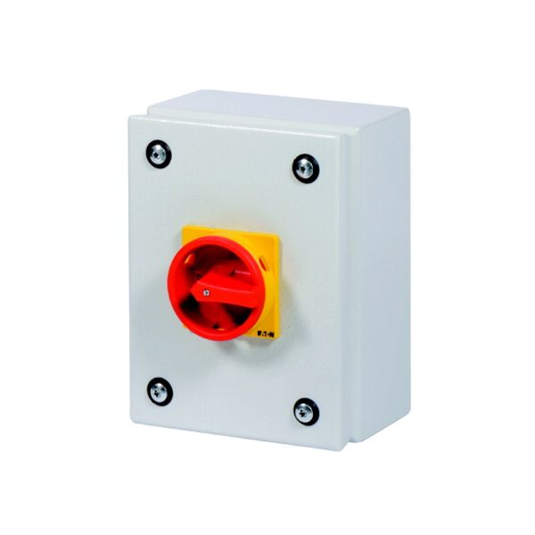 Main switch, P1, 25 A, surface mounting, 3 pole, 1 N/O, 1 N/C, Emergency switching off function, With red rotary handle and yellow locking ring, Locka image 3