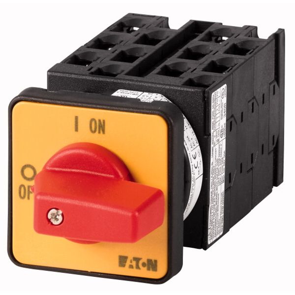 On-Off switch, T0, 20 A, flush mounting, 6 contact unit(s), 9-pole, 2 N/O, 1 N/C, Emergency switching off function, with red thumb grip and yellow fro image 1