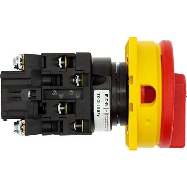 Main switch, T0, 20 A, flush mounting, 2 contact unit(s), 3 pole, 1 N/O, Emergency switching off function, With red rotary handle and yellow locking r image 2