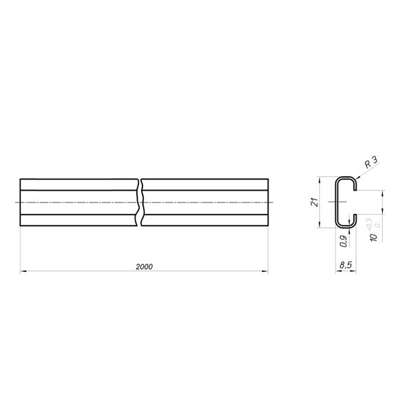 C-rail w/o slots, steel, 2000x21x8.5mm (LxWxH) image 2