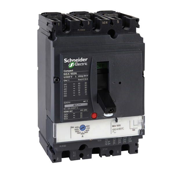 circuit breaker ComPact NSX160N, 50 kA at 415 VAC, MA trip unit 150 A, 3 poles 3d image 4