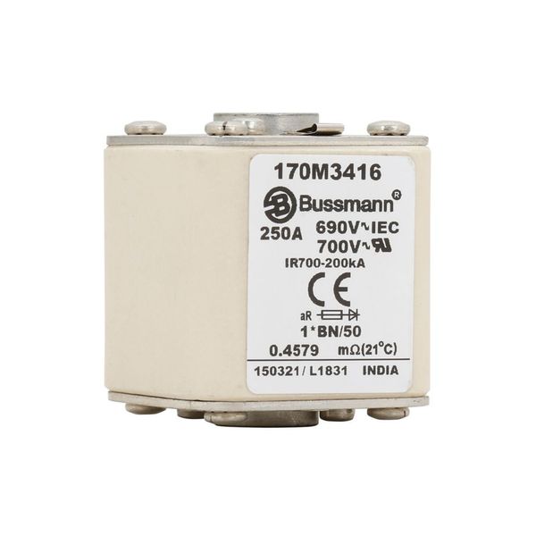 Fuse-link, high speed, 250 A, AC 690 V, compact size 1, 45 x 59 x 51 mm, aR, IEC, UL, single indicator, flush end, M8 image 2