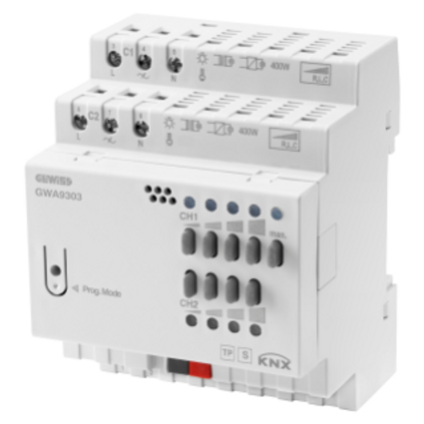 UNIVERSAL DIMMER ACTUATOR - 2 CHANNELS - 400W PER CHANNEL - MANUAL OPERATION - KNX - IP20 - 4 MODULES - DIN RAIL MOUNTING image 1