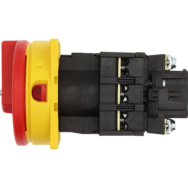 Main switch, P1, 32 A, flush mounting, 3 pole, Emergency switching off function, With red rotary handle and yellow locking ring, Lockable in the 0 (Of image 23