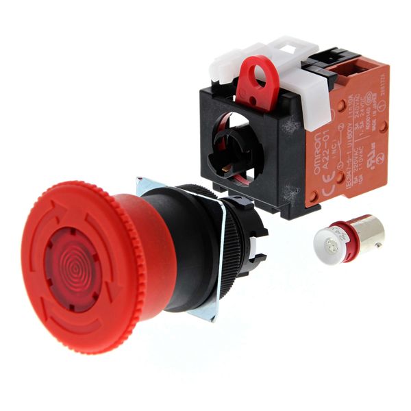 Emergency stop switch, 12 VAC/DC illuminated, 40mm dia, push-lock/turn image 2