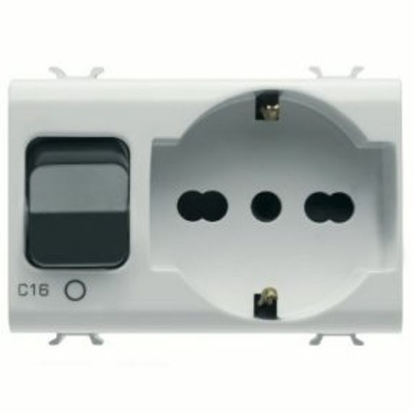 INTERLOCKED SWITCHED SOCKET-OUTLET - 2P+E 16A - P40 - WITH MINIATURE CIRCUIT BREAKER 1P+N 16A - 230V ac - 3 MODULES - SATIN WHITE - CHORUSMART. image 1