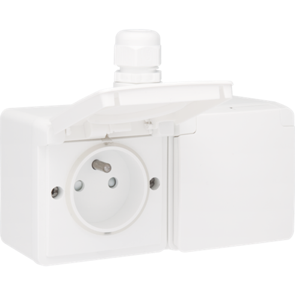 Splashproof double horizontal wall socket with pin earthing, shutters and plug-in terminals; includes surface-mounting box with one input on the upper side, white image 1