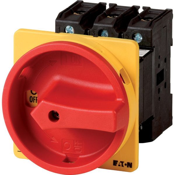 Main switch, P3, 100 A, rear mounting, 3 pole + N, 1 N/O, 1 N/C, Emergency switching off function, With red rotary handle and yellow locking ring, Loc image 2