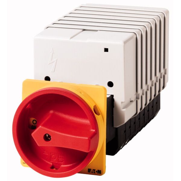 Main switch, T5B, 63 A, rear mounting, 8 contact unit(s), 16-pole, Emergency switching off function, With red rotary handle and yellow locking ring image 1