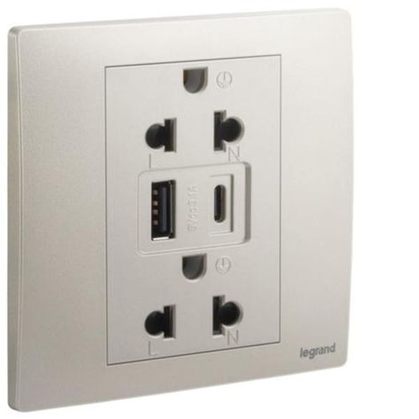 281204CH Mallia Senses 1 gang EURO/US socket outlet - 16A - 2 x 2 Poles + Earth - with 3000mA A and C types USB chargers -white image 1