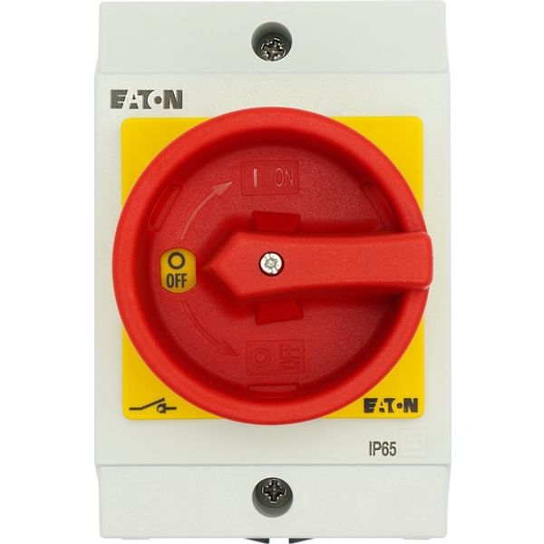 Main switch, T0, 20 A, surface mounting, 1 contact unit(s), 2 pole, Emergency switching off function, With red rotary handle and yellow locking ring, image 4