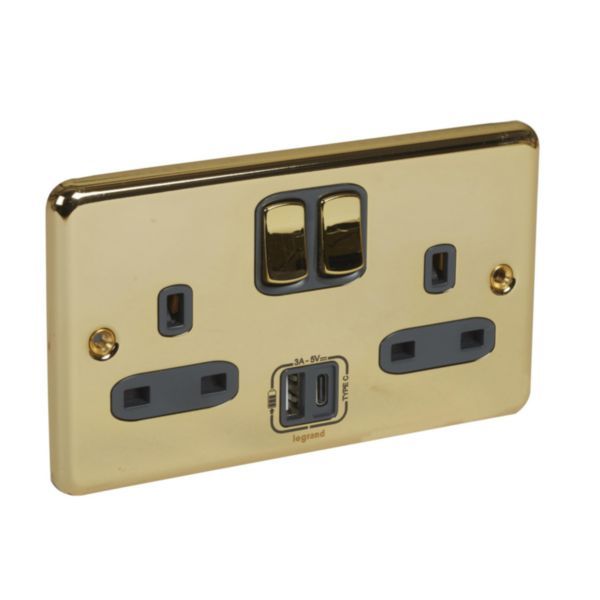 Synergy Authentic 2 Gang 13A Single Pole Switched Socket Outlet with USB Type-A and Type-C 3A Chargers Gold image 1