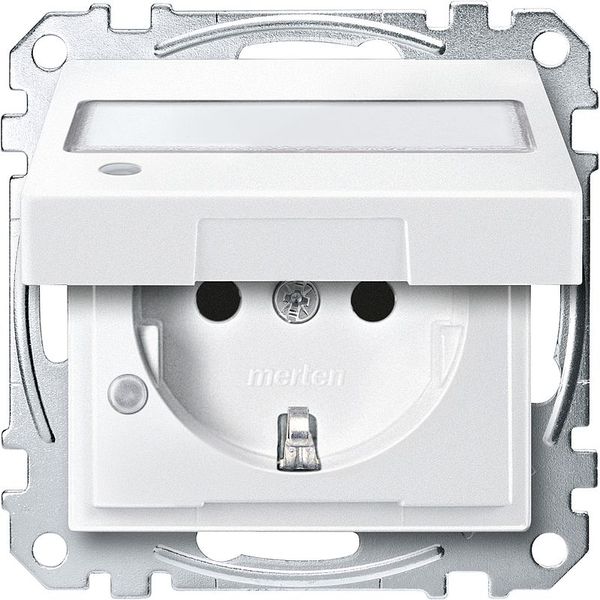 SCHUKO socket with hinged lid, control light and contact protection label, plug-in terminals, polar white, system M image 1