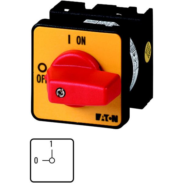 On-Off switch, T0, 20 A, flush mounting, 1 contact unit(s), 2 pole, Emergency switching off function, with red thumb grip and yellow front plate image 2