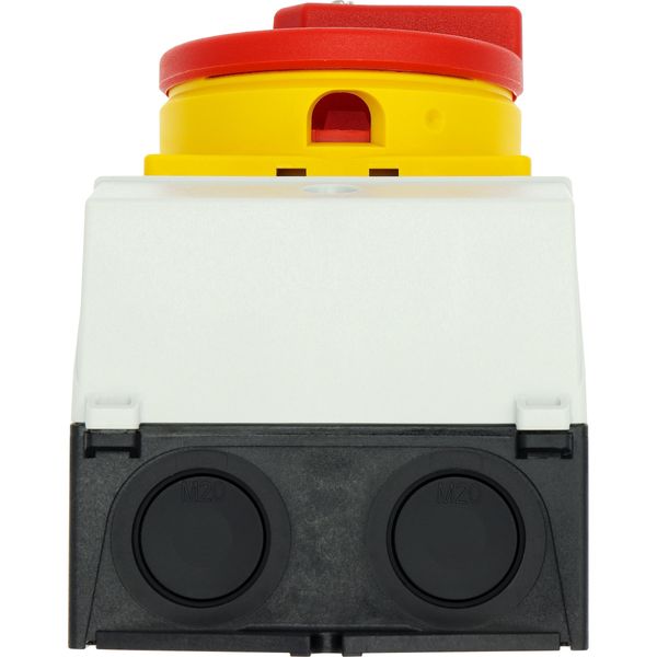 Main switch, T0, 20 A, surface mounting, 2 contact unit(s), 3 pole, 1 N/O, Emergency switching off function, With red rotary handle and yellow locking image 45