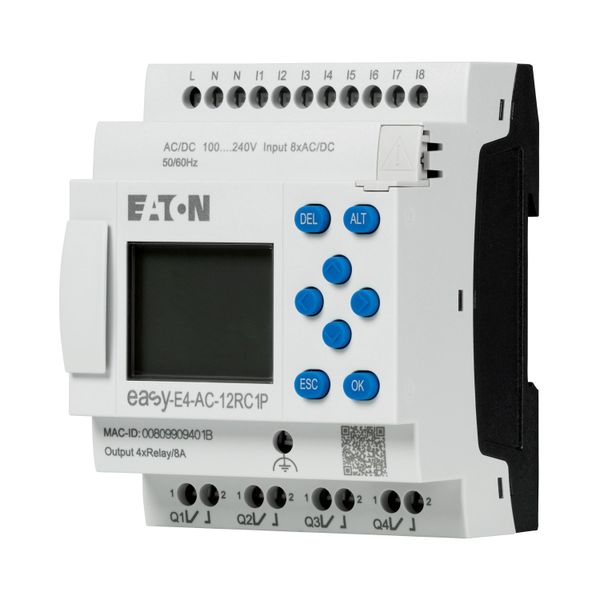 easyE4 control relay, basic unit with display (expandable, Ethernet), 100–240 VAC, 100–240 VDC (cULus: 100–110 VDC), digital inputs: 8, digital output image 12