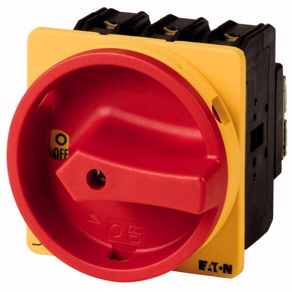 Main switch, P3, 100 A, flush mounting, 3 pole, 1 N/O, 1 N/C, Emergency switching off function, With red rotary handle and yellow locking ring, Lockab image 1