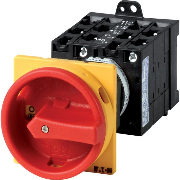 Main switch, T3, 32 A, rear mounting, 5 contact unit(s), 9-pole, Emergency switching off function, With red rotary handle and yellow locking ring image 2
