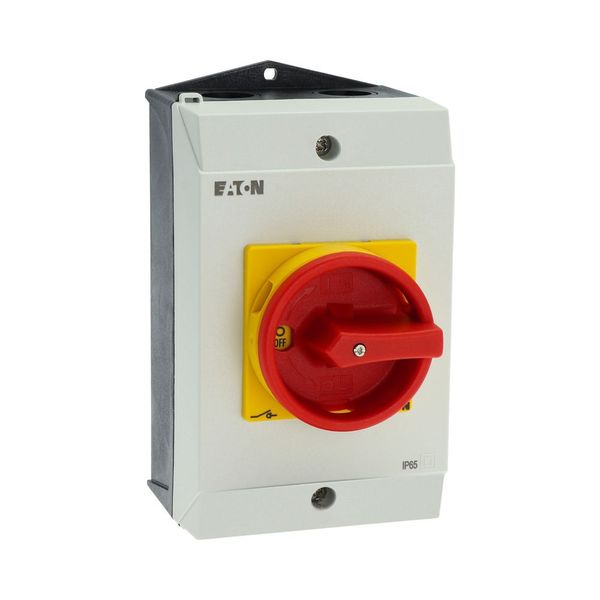 Main switch, T3, 32 A, surface mounting, 3 contact unit(s), 3 pole + N, 1 N/O, 1 N/C, Emergency switching off function, With red rotary handle and yel image 50