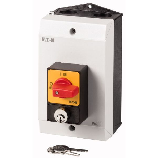 Panic switches, P1, 25 A, surface mounting, 3 pole, with red thumb grip and yellow front plate, Cylinder lock SVA image 1