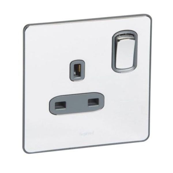 Synergy Sleek 1 gang switched single pole BS socket outlet 13A Polished Stainless steel image 1