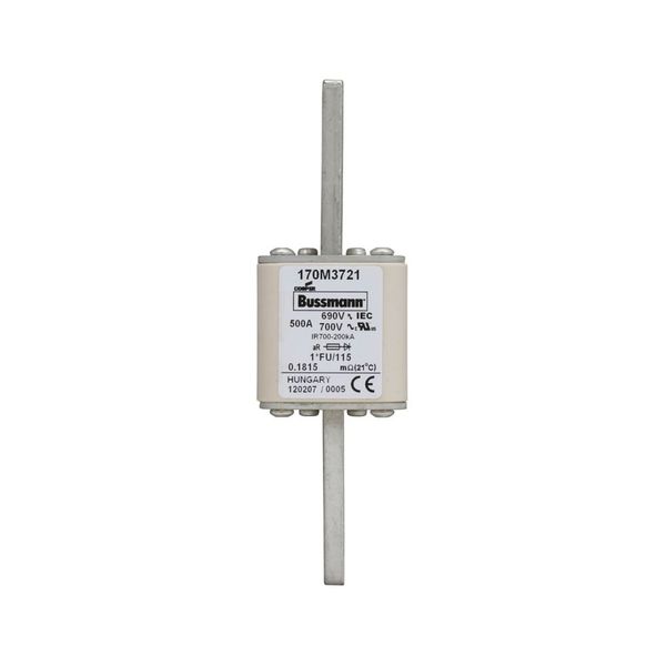 Fuse-link, high speed, 500 A, AC 690 V, compact size 1, 45 x 45 x 148 mm, aR, IEC, UL image 1