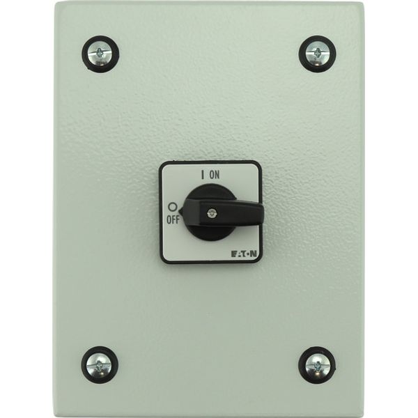 On-Off switch, P1, 40 A, 3 pole + N, surface mounting, with black thumb grip and front plate, in steel enclosure image 1