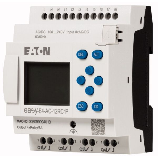 easyE4 control relay, basic unit with display (expandable, Ethernet), 100–240 VAC, 100–240 VDC (cULus: 100–110 VDC), digital inputs: 8, digital output image 2