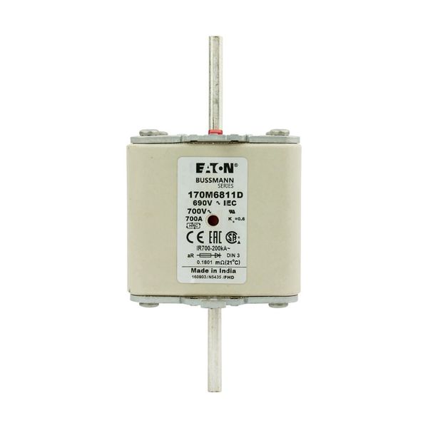 Fuse-link, high speed, 700 A, AC 690 V, DIN 3, aR, DIN, IEC, dual indicator, live gripping lugs image 11