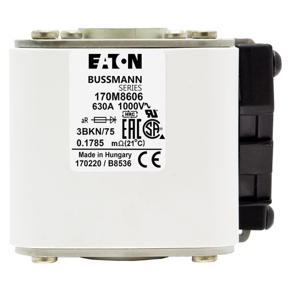 Fuse-link, high speed, 630 A, AC 1000 V, size 3, 74 x 92 x 76 mm, aR, IEC, UL, single indicator image 9