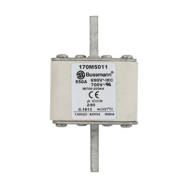 Fuse-link, high speed, 550 A, AC 690 V, DIN 2, 61 x 61 x 108 mm, aR, DIN, IEC, single indicator, 80 mm centres image 12