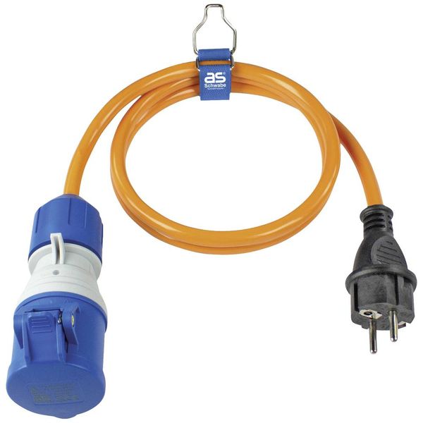 Adapter cable 1.5m, orange
1.5m PUR cable H07BQ-F 3G2.5, in orange signal color
1st side: protective contact plug
2nd page: CEE coupling “powerlight” image 1
