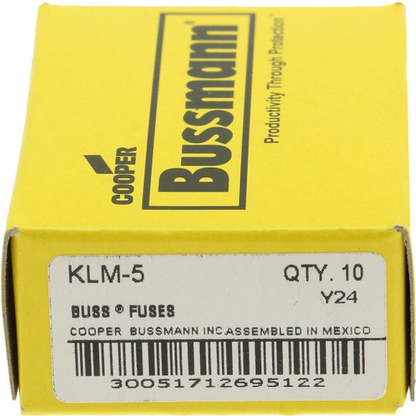 Eaton Bussmann series KLM fuse, 600 Vac, 600 Vdc, 5A, 100 kAIC at 600 Vac, 50 kAIC at 600 Vdc, Non Indicating, Fast acting, Ferrule end X ferrule end, Melamine tube, Nickel-plated bronze endcap image 4