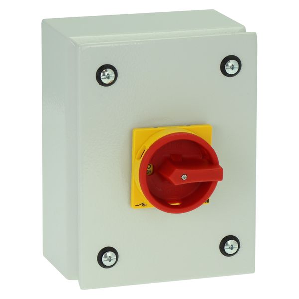 Main switch, P1, 40 A, surface mounting, 3 pole + N, Emergency switching off function, With red rotary handle and yellow locking ring, Lockable in the image 14