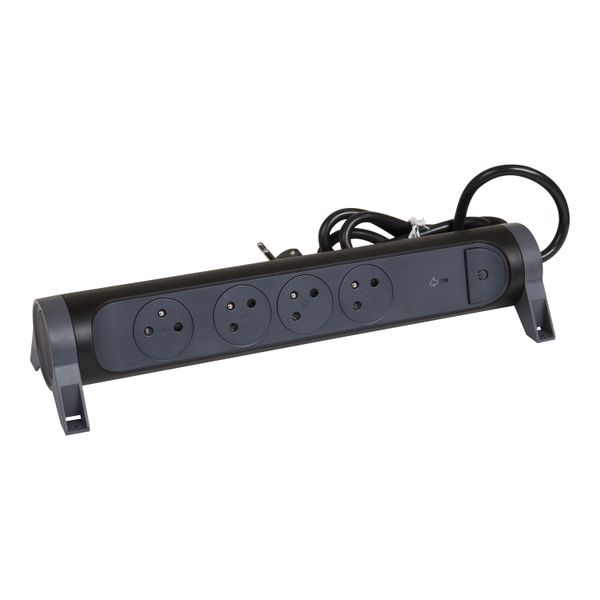 Multi-socket extension with rotating block of 4 2P+E Surface sockets, switch, surge protector and 1.5m cord length - black and dark gray image 1