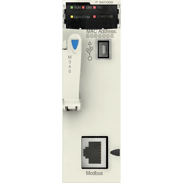 Processor module, Modicon M340 automation platform, max 512 discrete + 128 analog I/O, Modbus image 1