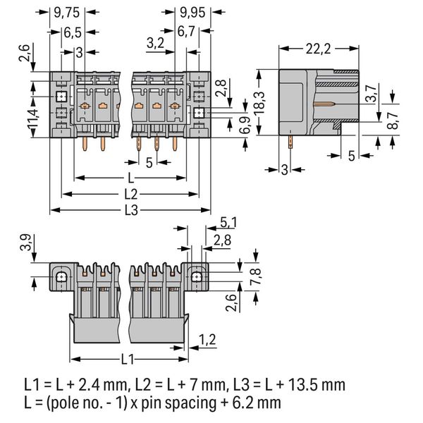 THT male header 1.0 x 1.0 mm solder pin angled gray image 2