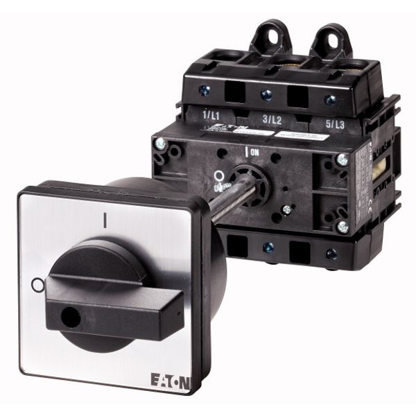 On-Off switch, P5, 125 A, rear mounting, 3 pole, with black thumb grip and front plate image 1