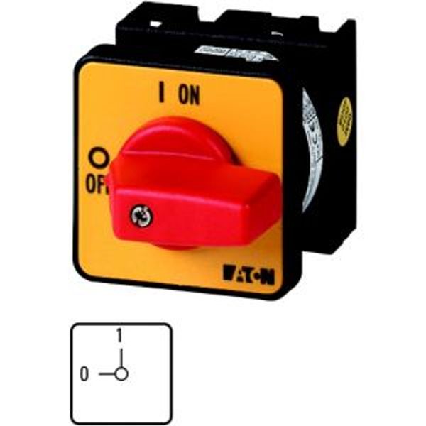 On-Off switch, T0, 20 A, flush mounting, 1 contact unit(s), 2 pole, Emergency switching off function, with red thumb grip and yellow front plate image 4