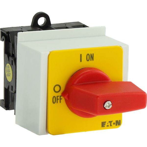 On-Off switch, T0, 20 A, service distribution board mounting, 1 contact unit(s), 2 pole, Emergency switching off function, with red thumb grip and yel image 31