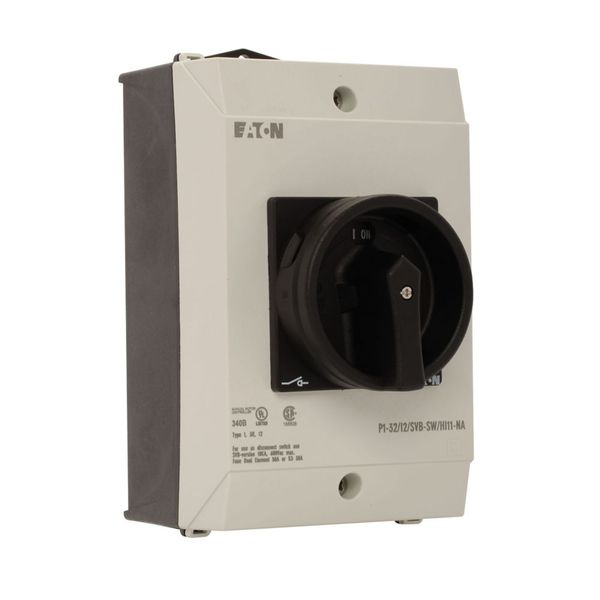 Main switch, P1, 32 A, surface mounting, 3 pole, 1 N/O, 1 N/C, STOP function, With black rotary handle and locking ring, UL/CSA image 15