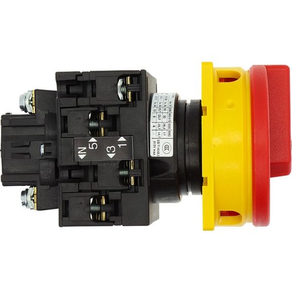 Main switch, T3, 32 A, flush mounting, 2 contact unit(s), 3 pole + N, Emergency switching off function, With red rotary handle and yellow locking ring image 3