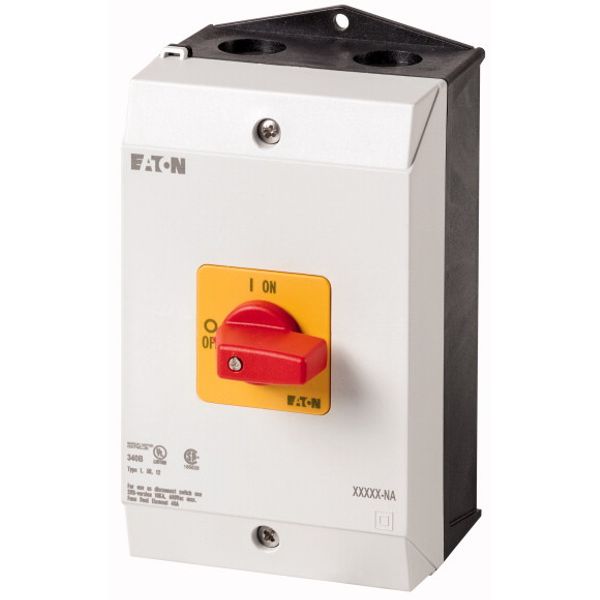 On-Off switch, P1, 25 A, surface mounting, 3 pole, Emergency switching off function, with red thumb grip and yellow front plate, UL/CSA image 1