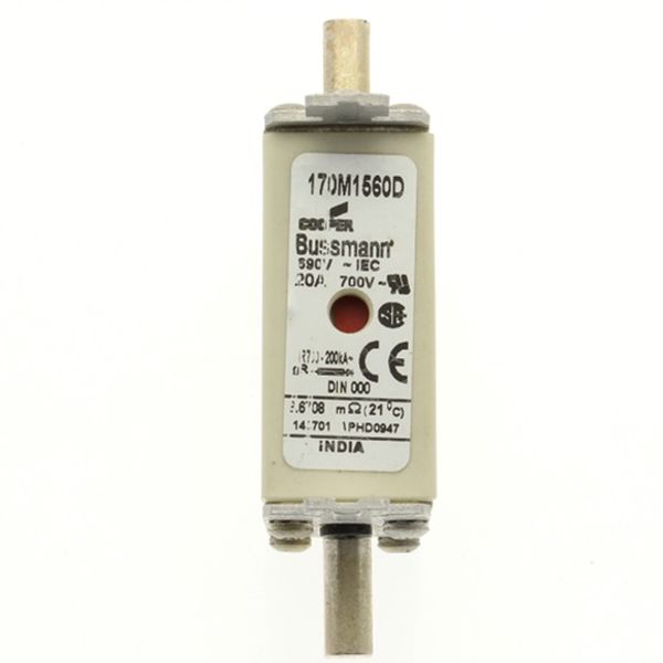 Fuse-link, high speed, 20 A, AC 690 V, DIN 000, gR, DIN, IEC, dual indicator, live gripping lugs image 2