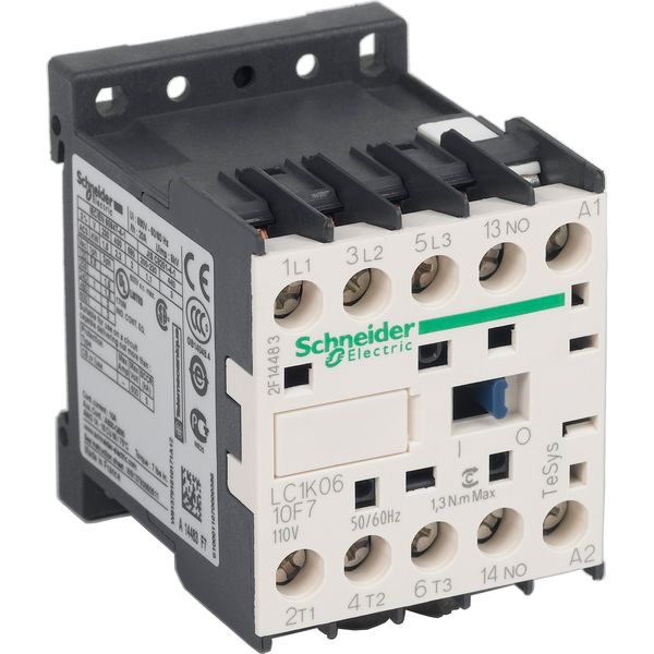 TeSys K contactor, 3P, AC-3 440V 6 A, 1NO aux., 110V AC coil image 1