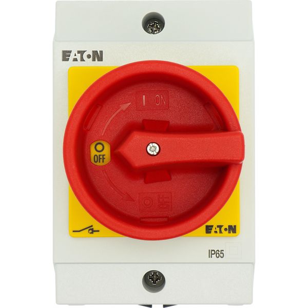 Main switch, T0, 20 A, surface mounting, 3 contact unit(s), 3 pole, 2 N/O, 1 N/C, Emergency switching off function, With red rotary handle and yellow image 23